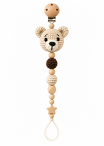 Fernando & James Bear Pacifier Holder with sewn facial details and natural wood beads