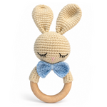 Classic Bunny Baby Rattle with blue bow and wooden ring by Fernando & James