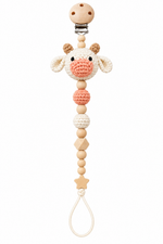 Fernando & James Cow Pacifier Holder with cream crochet cow, peach muzzle, and natural wood beads