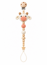 Fernando & James Cow Pacifier Holder with cream crochet cow, peach muzzle, and natural wood beads