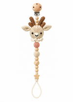 Fernando & James Deer Pacifier Holder with crochet deer, brown antlers, and natural wood beads