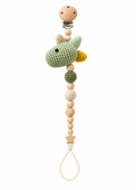 Fernando & James Dino Pacifier Holder with sage crochet dinosaur and natural wood beads