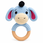 Handmade crochet donkey baby rattle with wooden ring by Fernando & James