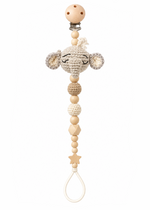 Fernando & James Elephant Pacifier Holder with sleepy crochet elephant and natural wood beads