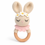 Handmade floral bunny baby rattle with flower crown and wooden ring by Fernando & James