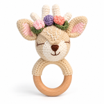 Handmade floral reindeer baby rattle with crochet flowers and wooden ring by Fernando & James