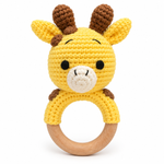 Handmade crochet giraffe baby rattle with wooden ring by Fernando & James