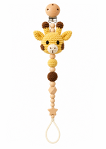 Fernando & James Giraffe Pacifier Holder with yellow crochet giraffe and natural wood beads