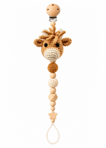 Fernando & James Highland Cow Pacifier Holder with crochet cow and natural wood beads