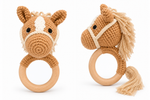 Handmade crochet horse baby rattle with wooden ring, front and side views, by Fernando & James