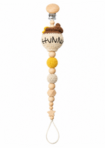 Fernando & James Hunny Pacifier Holder with crochet honey pot and natural wood beads