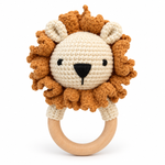 Handmade crochet lion baby rattle with wooden ring by Fernando & James