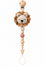 Fernando & James Lion Pacifier Holder with crochet lion and natural wood beads