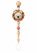 Fernando & James Lion Pacifier Holder with crochet lion and natural wood beads