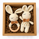 Mini Oliver bunny doll and matching classic bunny rattle in kraft gift box