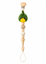 Fernando & James Mallard Pacifier Holder with green crochet duck and natural wood beads