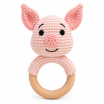 Handmade crochet pig baby rattle with wooden ring by Fernando & James
