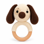 Handmade crochet puppy baby rattle with wooden ring by Fernando & James
