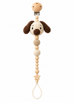 Fernando & James Puppy Pacifier Holder with cream crochet puppy, brown ears, and natural wood beads