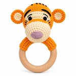 Handmade crochet tiger baby rattle with wooden ring by Fernando & James