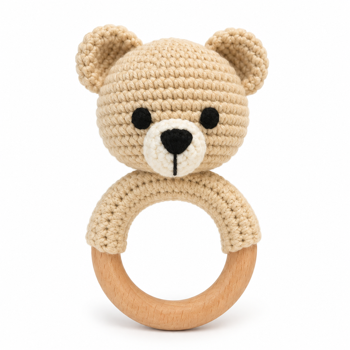 Handmade beige crochet bear baby rattle with wooden ring by Fernando & James