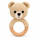 Handmade crochet bear baby rattle with wooden ring by Fernando & James