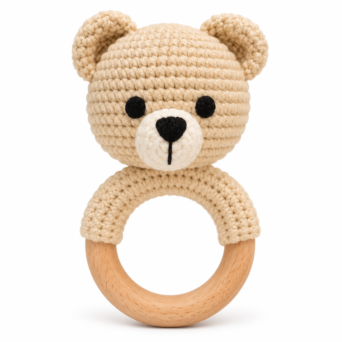 Handmade crochet bear baby rattle with wooden ring by Fernando & James