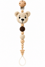 Fernando & James Bear Pacifier Holder with sewn facial details and natural wood beads