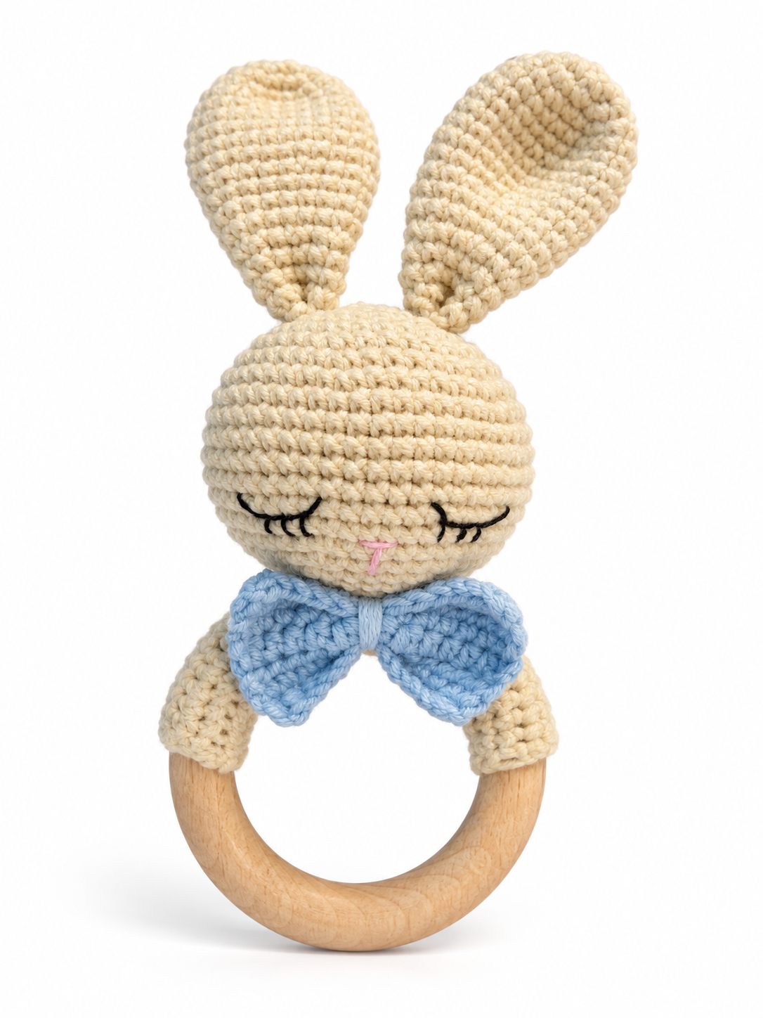 Classic Bunny Baby Rattle with blue bow and wooden ring by Fernando & James
