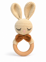 Classic Bunny Baby Rattle with brown bow and wooden ring by Fernando & James