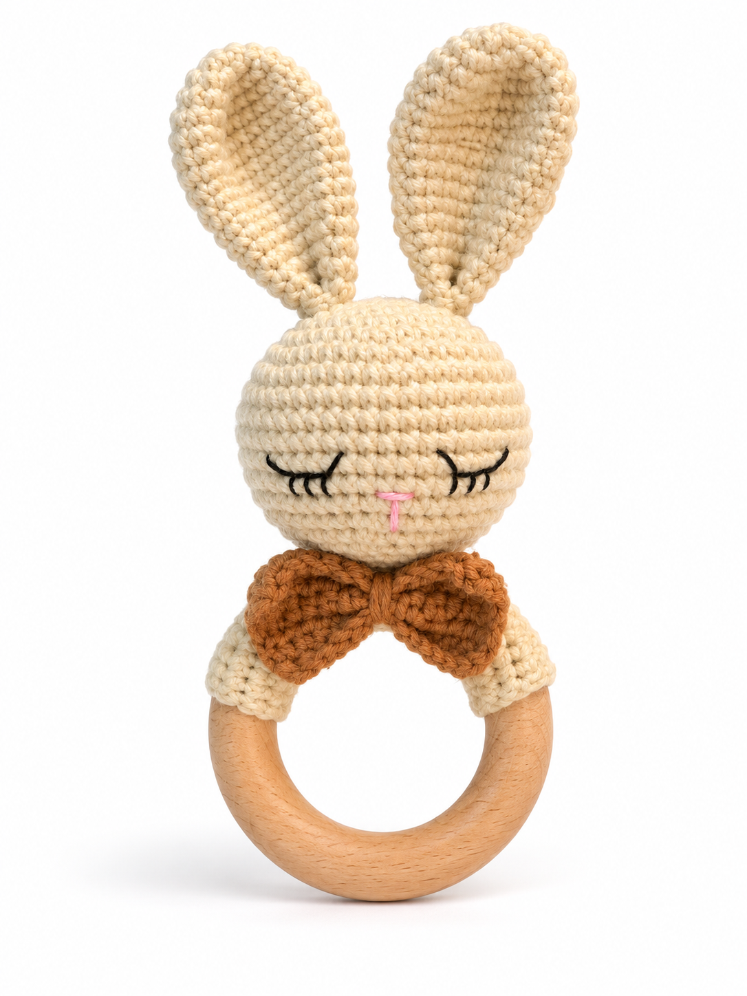 Classic Bunny Baby Rattle with brown bow and wooden ring by Fernando & James