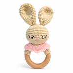 Classic Bunny Baby Rattle with pink collar and wooden ring by Fernando & James