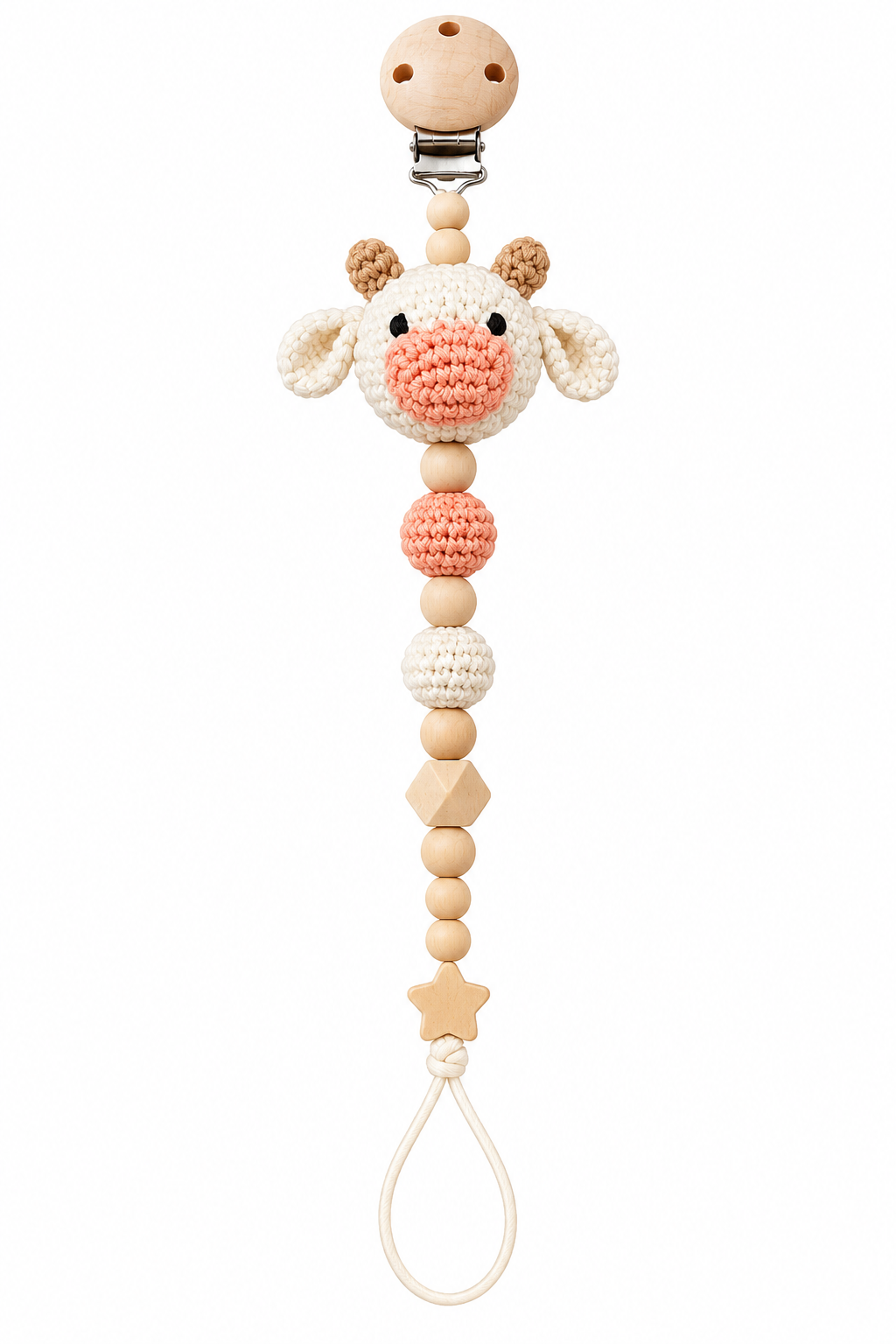 Fernando & James Cow Pacifier Holder with cream crochet cow, peach muzzle, and natural wood beads