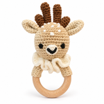 Handmade crochet deer baby rattle with wooden ring by Fernando & James