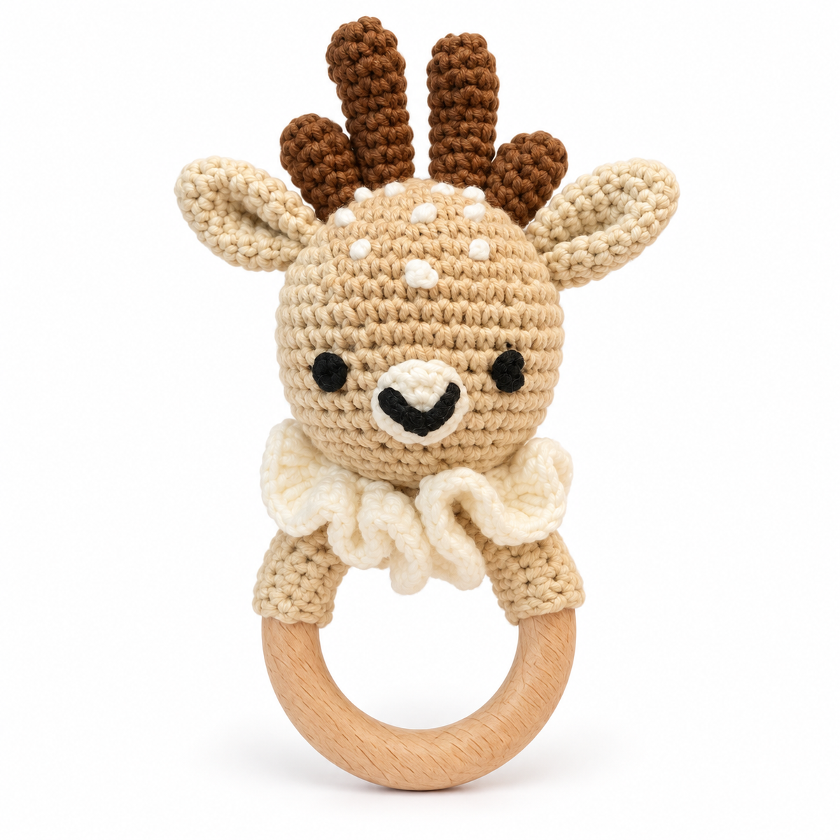 Handmade crochet deer baby rattle with wooden ring by Fernando & James