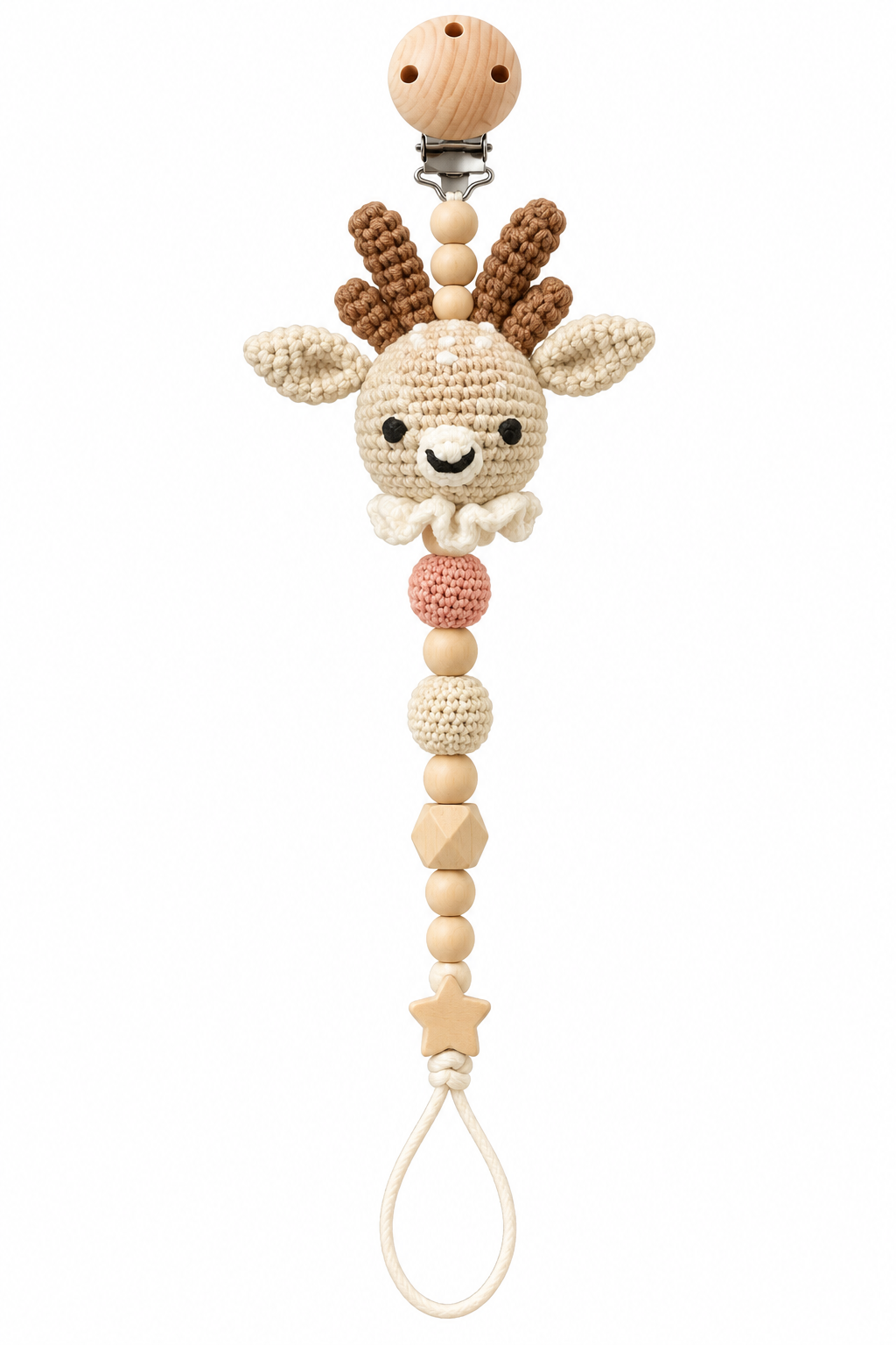 Fernando & James Deer Pacifier Holder with crochet deer, brown antlers, and natural wood beads