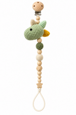 Fernando & James Dino Pacifier Holder with sage crochet dinosaur and natural wood beads