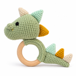 Handmade crochet dinosaur baby rattle with wooden ring by Fernando & James