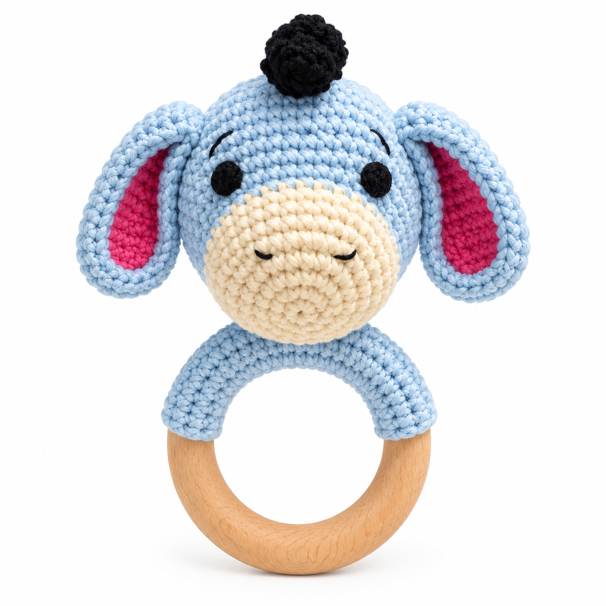 Handmade crochet donkey baby rattle with wooden ring by Fernando & James