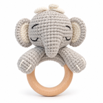 Handmade crochet sleepy elephant baby rattle with wooden ring by Fernando & James