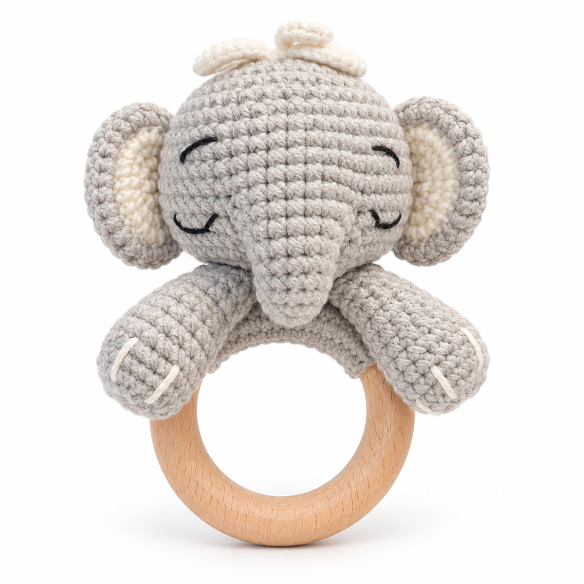 Handmade crochet sleepy elephant baby rattle with wooden ring by Fernando & James