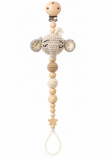 Fernando & James Elephant Pacifier Holder with sleepy crochet elephant and natural wood beads