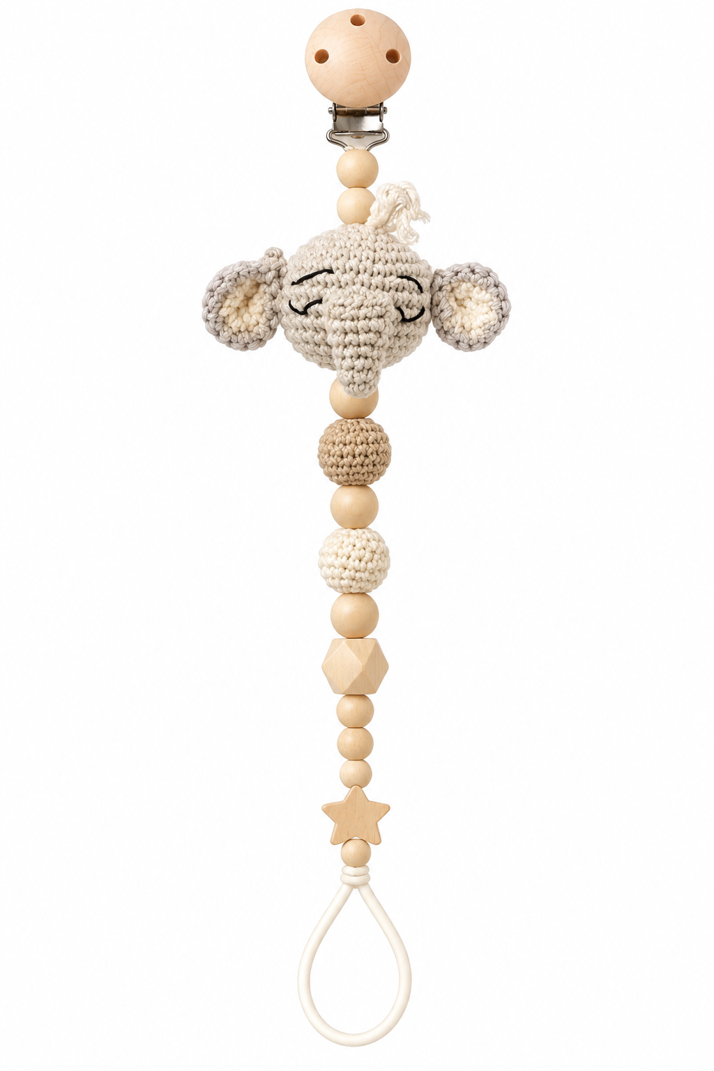 Fernando & James Elephant Pacifier Holder with sleepy crochet elephant and natural wood beads