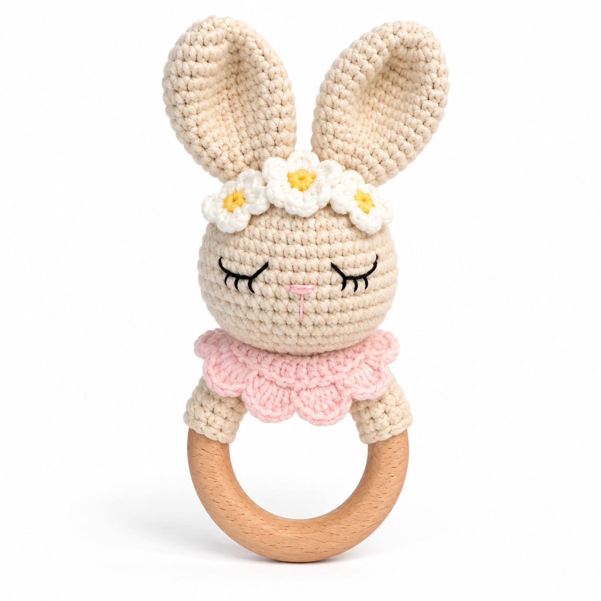 Handmade floral bunny baby rattle with flower crown and wooden ring by Fernando & James