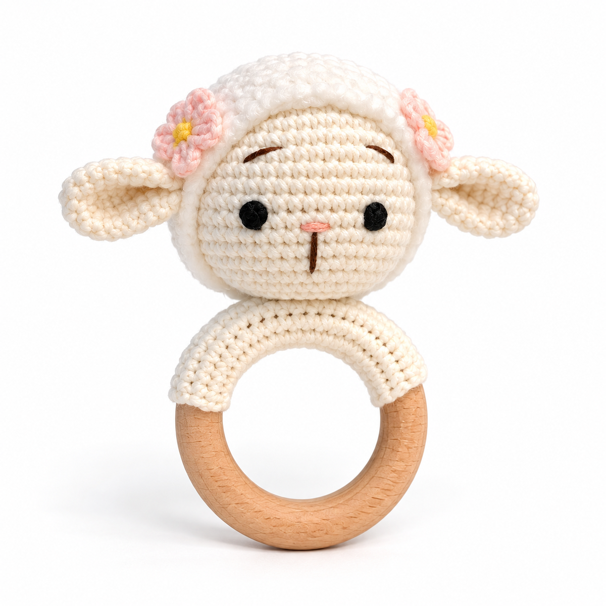 Handmade floral lamb baby rattle with crochet flowers and wooden ring by Fernando & James