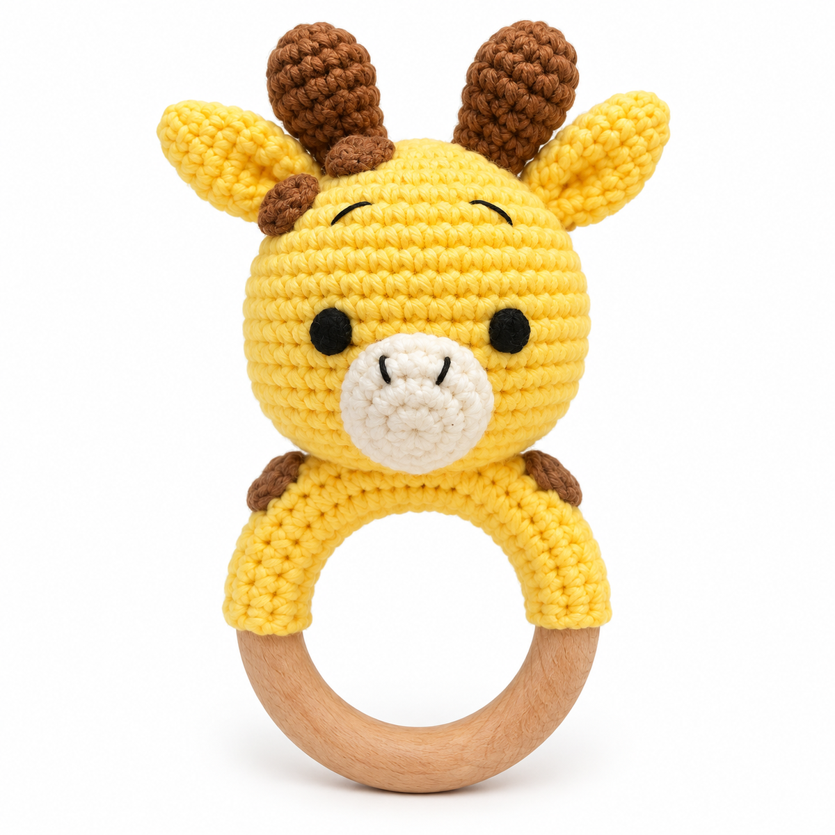 Handmade crochet giraffe baby rattle with wooden ring by Fernando & James