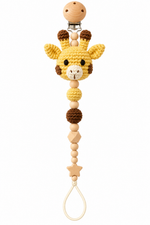 Fernando & James Giraffe Pacifier Holder with yellow crochet giraffe and natural wood beads