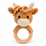 Handmade crochet Highland Cow baby rattle with wooden ring by Fernando & James