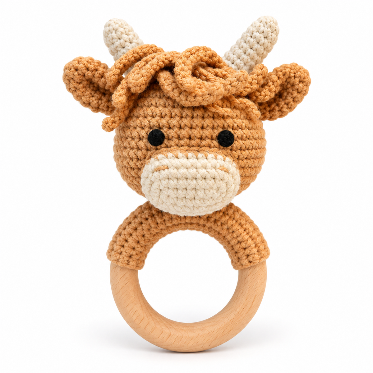 Handmade crochet Highland Cow baby rattle with wooden ring by Fernando & James