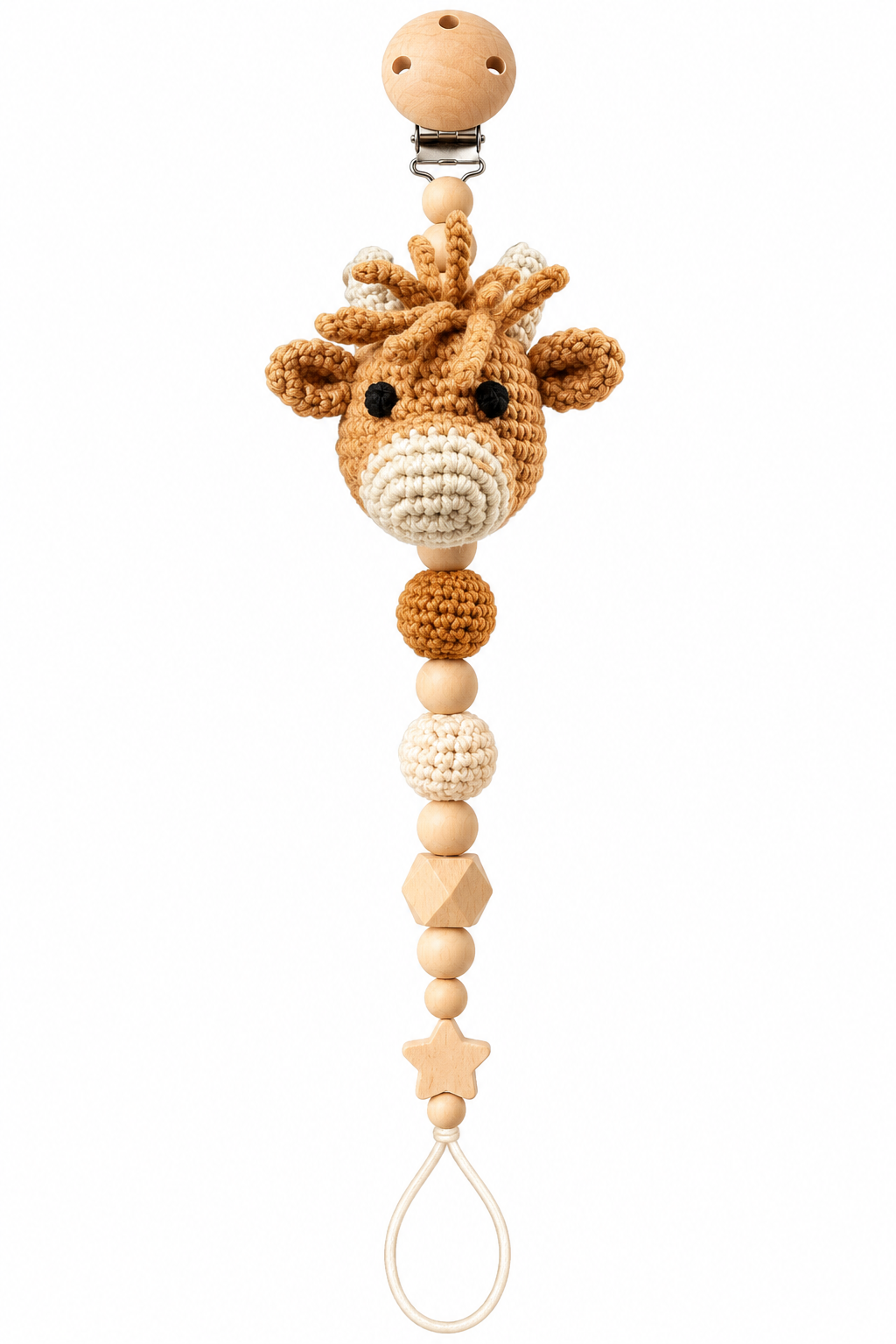Fernando & James Highland Cow Pacifier Holder with crochet cow and natural wood beads